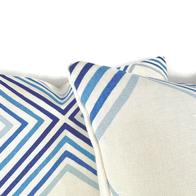 Modern Schumacher Square Dance in Blue Pillow Cover - Blue and White Stripe Square Cushion Case For Sale - Image 3 of 6