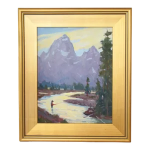 Silvio Silvestri, Listed Artist (1948-2018) Yosemite Valley California Fly-Fishing Landscape Painting W/ Ornate Antiqued Gold Frame