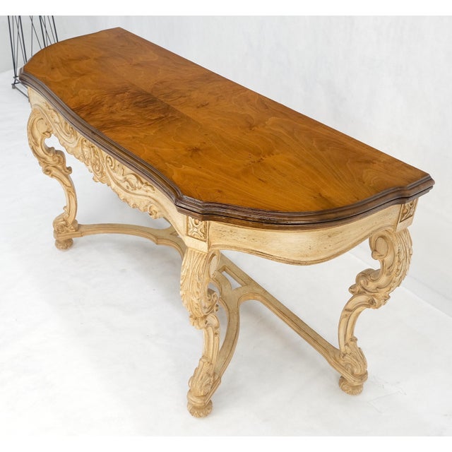 Rococo Carved Base Two Tone Burl Walnut Convertible Console Sofa Dining Table For Sale - Image 3 of 12