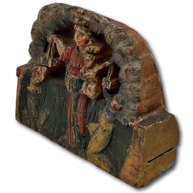 Ruby Red Unusual Antique Italian Hand Carved & Painted Wood Madonna & Child Sicilian Donkey Cart Fragment - Weighted for Doorstop For Sale - Image 8 of 18