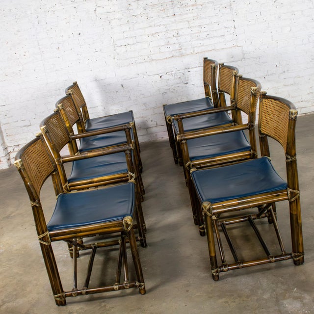 Wood Late 20th Century Campaign Style Set of 8 Dining Chairs by McGuire Rattan Cane & Navy Leather For Sale - Image 7 of 18