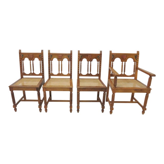 Spanish Style Caned Seat Dining Chairs - Set of 4 For Sale