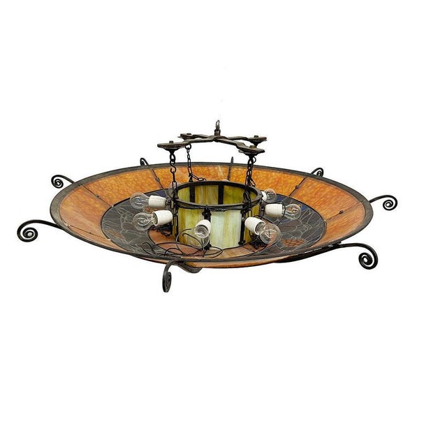 Large French Round Stained Glass Chandelier, 1900s For Sale - Image 9 of 17