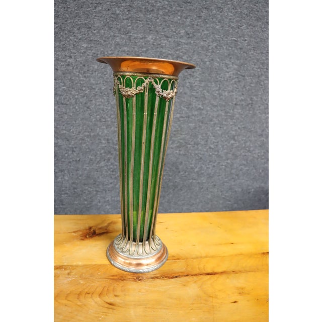 Art Nouveau Emerald Glass & Copper Fluted Vase For Sale - Image 3 of 8