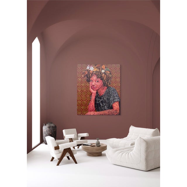 This artwork features a portrait of a contemplative figure adorned with a crown of leaves and flowers, creating a striking...