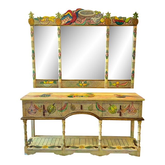 Vintage Hand Crafted Mexican Console and Mirror Set by Diseños Caaesa For Sale