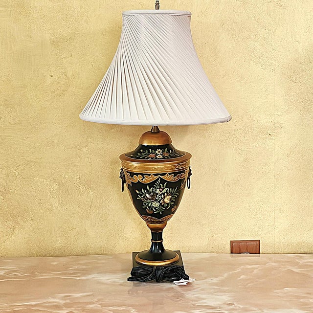 Wildwood Wildwood Hand Painted Toleware Urn Table Lamp, Rocky Mount Nc, Floral Black & Gold For Sale - Image 4 of 18