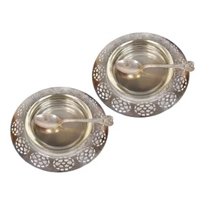Mid 20th Century Victorian Oneida Silverplate Caviar Jam Jelly Serving Plate Dish With Glass Insert & Spoons- 2 Pieces