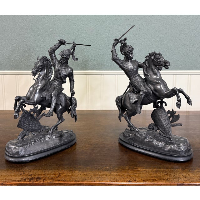 EXQUISITE Antique French Pair of Patinated Spelter Sculptures of Knights on Horseback ~~Masterfully crafted inspired by...