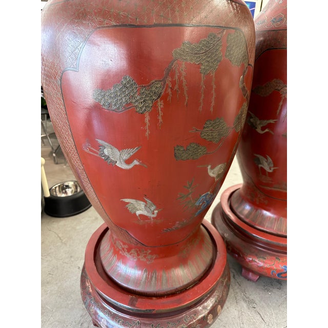 Large 19th Century Chinese Red Lacquered Palace Vases on Stands For Sale - Image 18 of 18