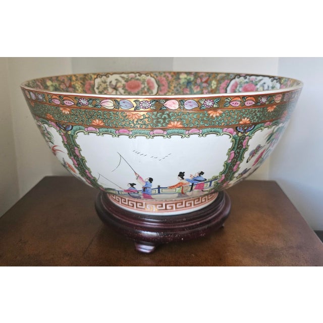 Mid Century Chinese Export Rose Medallion Punch Bowl on Wood Stand For Sale - Image 10 of 11