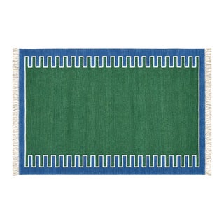 Handmade Cotton Vegetable Dyed Rug, Forest Green, White and Blue Zig Zag Striped Dhurrie-6'x9' For Sale