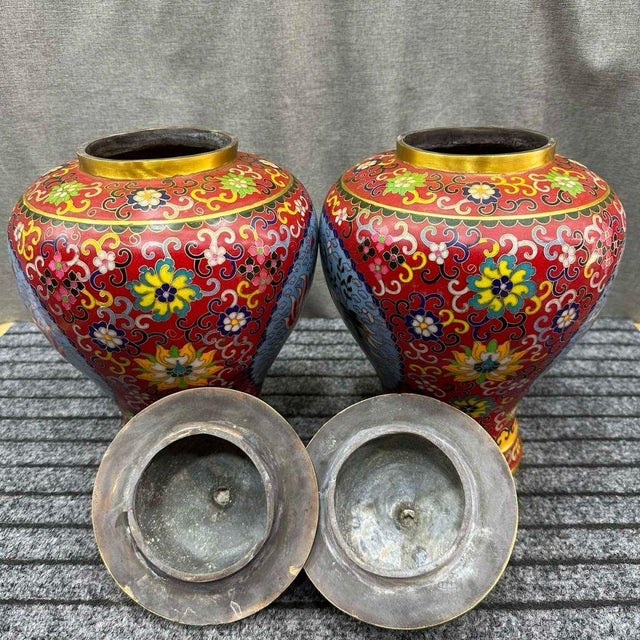 Late 20th Century Pair of Chinese Cloisonné Enamel Koi Fish & Lotus Jars With Lids - 13" Tall For Sale - Image 5 of 6