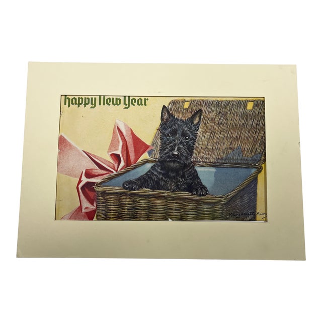 1950s Charming Vintage Happy New Year Scottie Dog Print For Sale