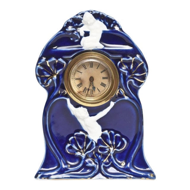 Art Nouveau Colbalt Blue Gilt Porcelain Desk Clock For Sale