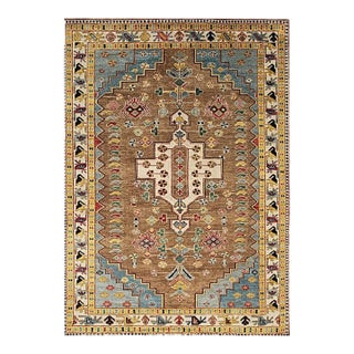 8x10 Brown Hand-Knotted Wool Stepped Medallion Geometric Modern Carpet Rug For Sale