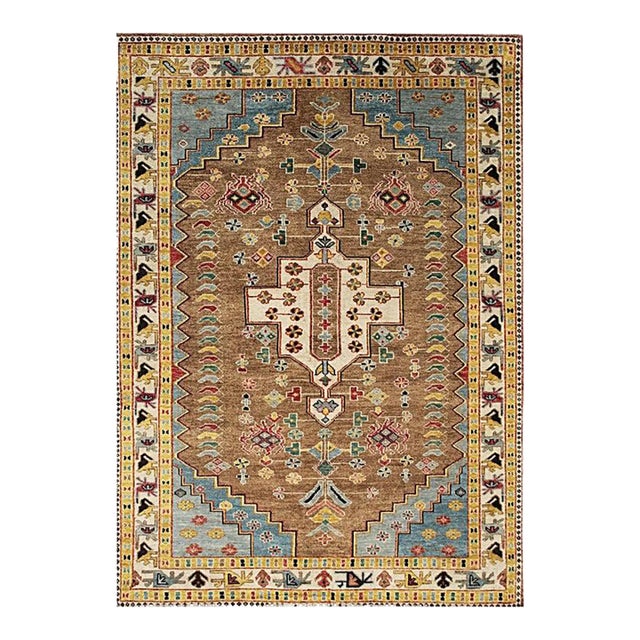 8x10 Brown Hand-Knotted Wool Stepped Medallion Geometric Modern Carpet Rug For Sale