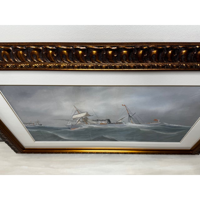 Slate Gray s.s. Shelley Steam Sail Ship in Heavy Seas — Attributed to Lucas Papaluca Early 20th Century Neapolitan Marine Painting | Gouache on Paper | Framed For Sale - Image 8 of 18