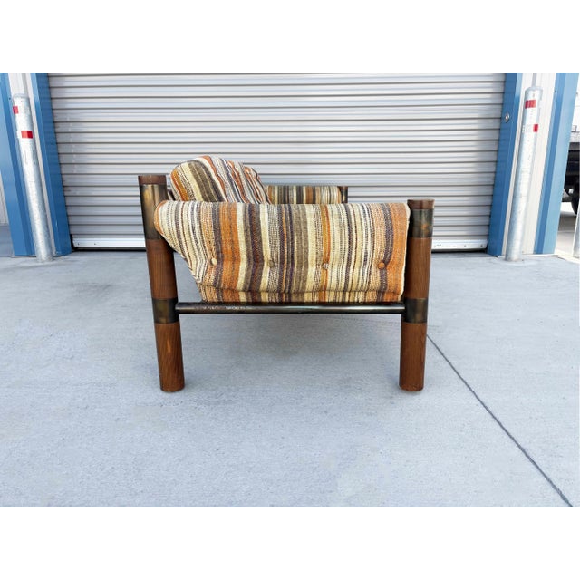 1970s Vintage Brutalist Wood, Brass, and Striped Upholstered Sofa For Sale - Image 4 of 12