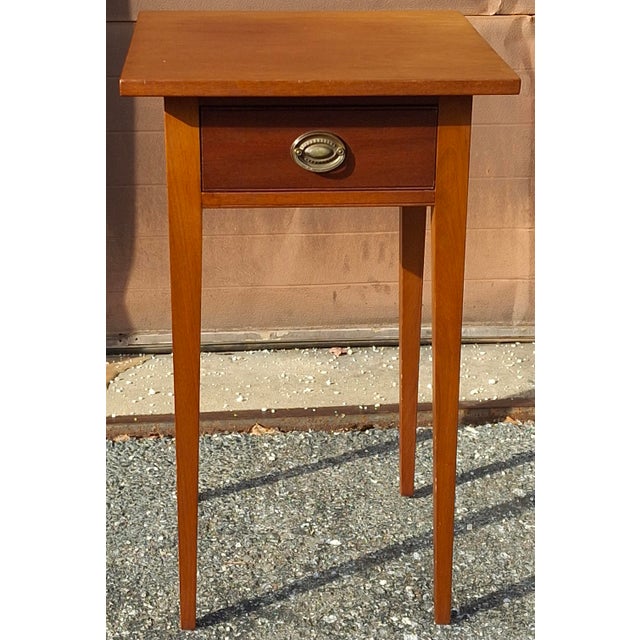 American Federal Style Mahogany Single Drawer Side Table Measures 18" in width, 18" in depth, 30" in height.