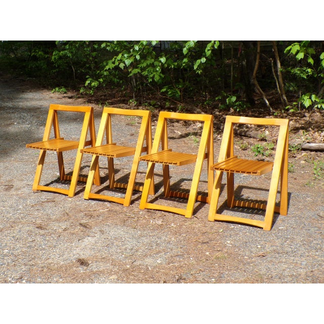 Mid-Century Modern Vintage Mid Century Trieste Style Folding Slat Chairs Romania Aldo Jacober - Set 4 For Sale - Image 3 of 11