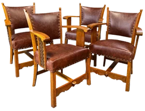 Vintage Oak Chairs in Leather, 1930s, Set of 4