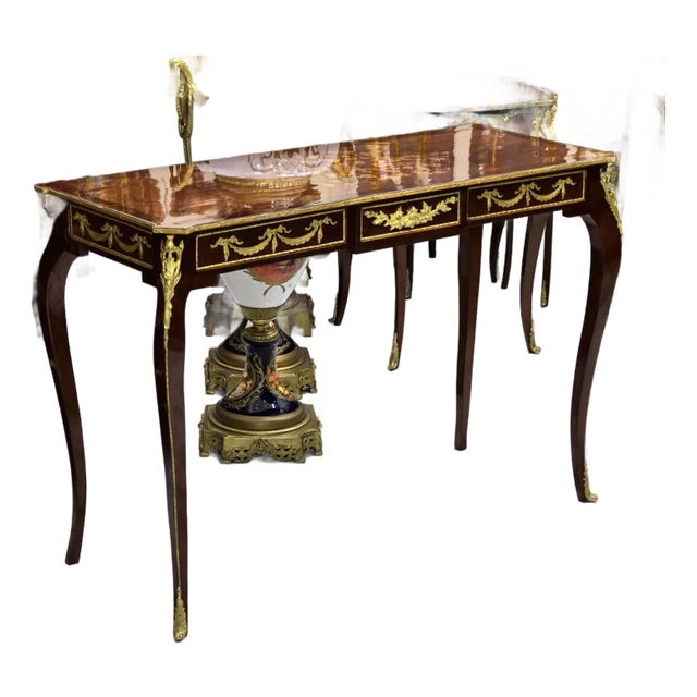 Rococo Style Console Table With Dark Brown Finish & Gold Leaf Details For Sale