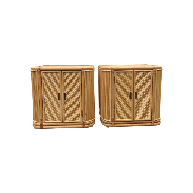 Vintage Pencil Reed Style Rattan Wicker Nightstands or End Accent Tables in Coastal Boho Chic Style Great design!...