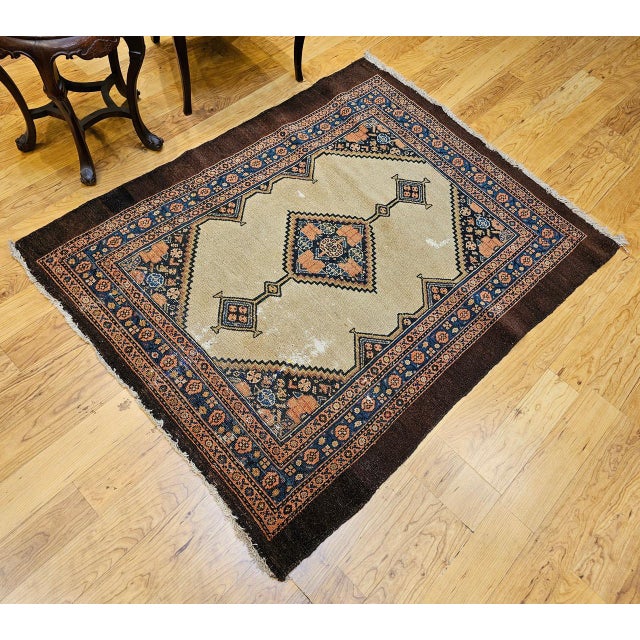 Persian Antique Persian Serab Area Rug, Hand-Knotted Wool, Geometric Medallion Pattern, Camel Hair & Brown, 4x5 For Sale - Image 3 of 18
