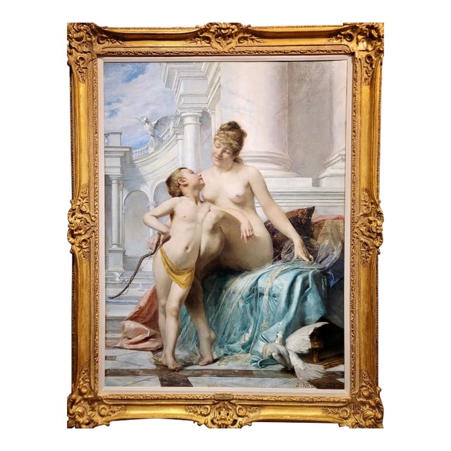 Jules Nel-Dumouchel -Venus Seducing Cupid -Oil Painting-C1880s For Sale