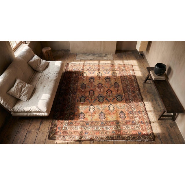 Textile 1930s Orange Peach Geometric Tribal Handknotted Antique Persian Kurdish Rug 4'6" X 5'7" Wool Carpet For Sale - Image 7 of 9