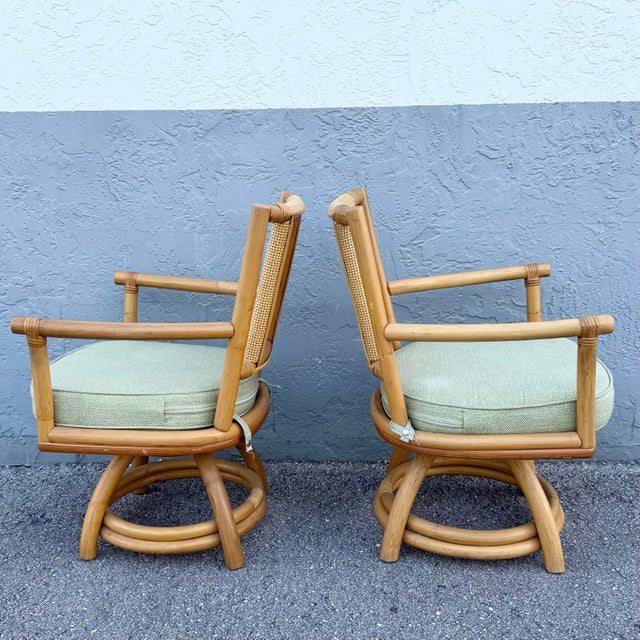 Wood Boho Chic Rattan Cane Back Swivel Dining Arm Chairs - Set of 4 For Sale - Image 7 of 9