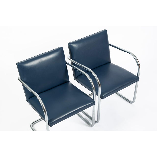 Metal Mid Century Modern Blue Leather Brno Arm Chairs by Mies Van Der Rohe for Knoll, Set of 4 For Sale - Image 7 of 16