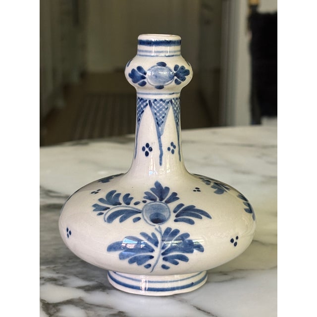 Petite Mid-Century Delftware Blue & White Hand Painted, Single Flower Vase For Sale - Image 9 of 11
