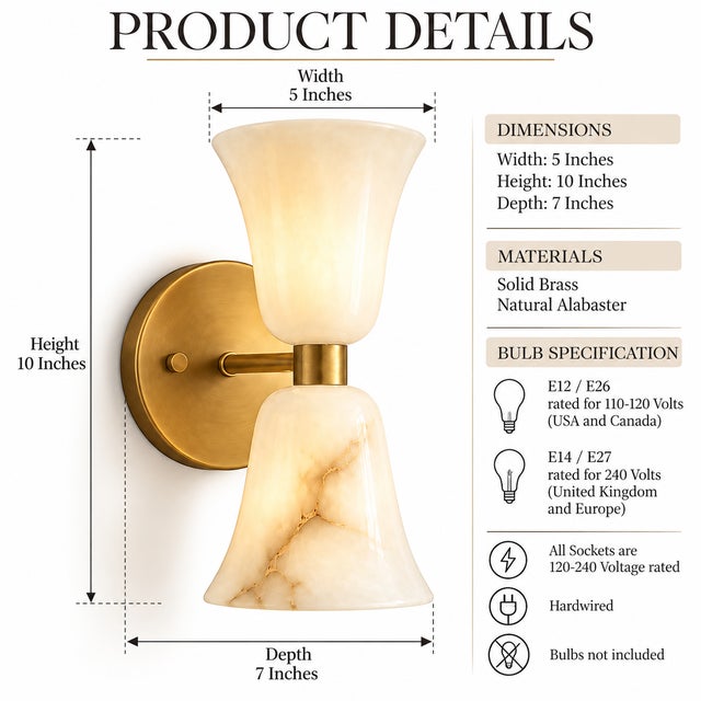 Contemporary Brass & Natural Alabaster Double Wall Sconces, Bathroom Vanity & Bedroom Lighting - Set of 2 For Sale - Image 6 of 7