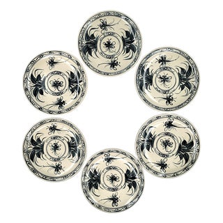 Bat Trang Vietnamese Ceramic Dessert Plates With Blue Dragonfly Botanical Motif in Crackle Glaze - Set of 6 For Sale