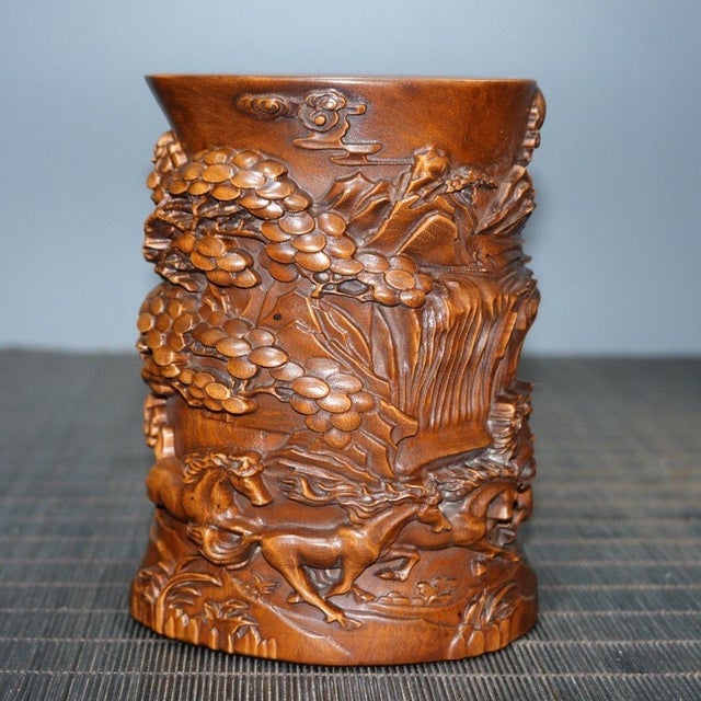 Vintage Chinese Boxwood Carved "Eight Horses" Brush Pot - 333g For Sale - Image 4 of 9