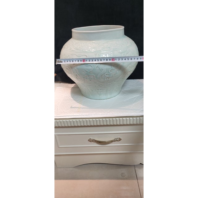 White Chinese Ceramic Pot White Glaze Porcelain Jar Hand Carved Dragon Pattern For Sale - Image 8 of 9