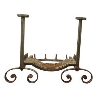 Large Heavy Iron Andirons and Fire Grate, Set of 3 For Sale