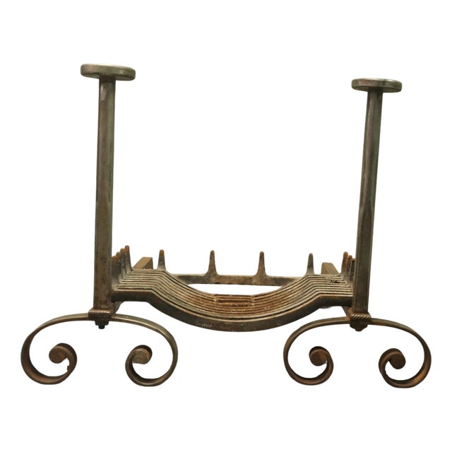 Large Heavy Iron Andirons and Fire Grate, Set of 3 For Sale