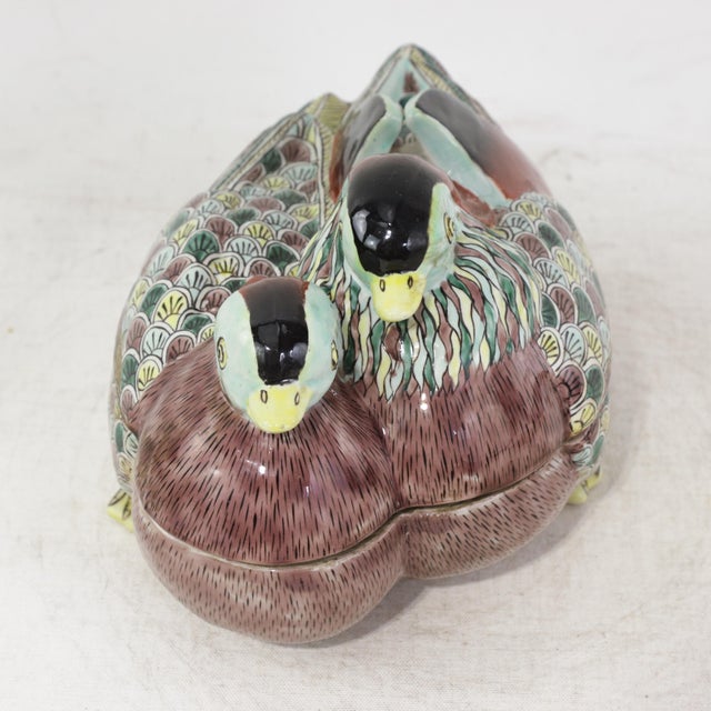 Ceramic Vintage Chinese Famille Verte Porcelain Pair of Mandarin Ducks Covered Bowl For Sale - Image 7 of 12