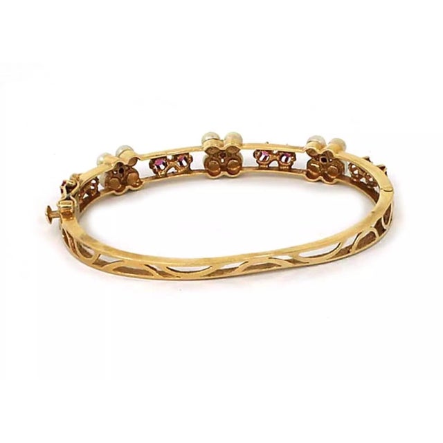 Contemporary Late 20th Century Ruby & Pearls 14k Yellow Gold Bangle Bracelet For Sale - Image 3 of 4