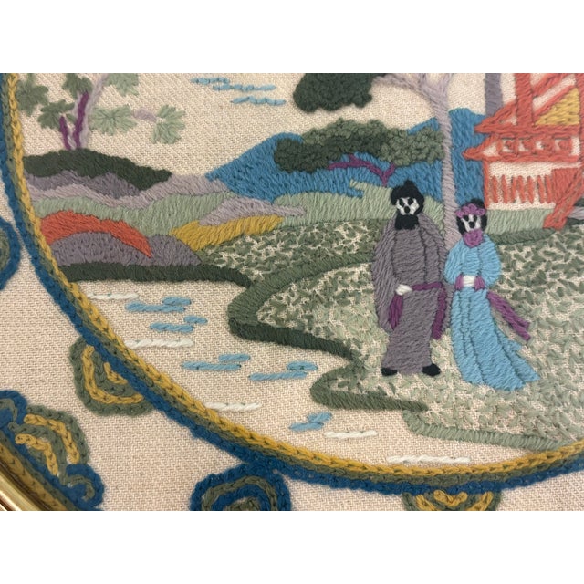Vintage Elsa Williams "Chinese Plate" Chinoiserie Crewel Embroidery in Giltwood Frame For Sale - Image 4 of 16