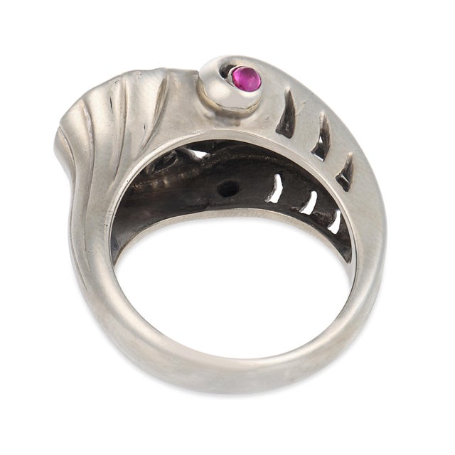 Mid 20th Century Retro Ruby Diamond 18k White Gold Cocktail Ring, Size 6.5 For Sale In Los Angeles - Image 6 of 6