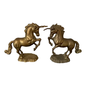 Vintage Mid-Century Brass Unicorn Horse Figurine Models- a Pair