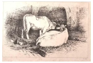 Luigi Gioli, In the Stable, Lithograph, 1880