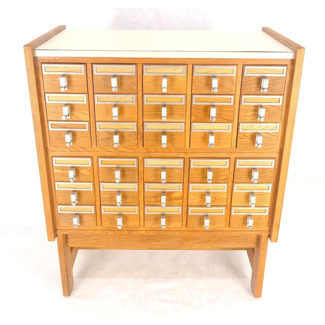 Mid-Century Modern Oak Aluminum Apothecary 30 Drawers Apothecary Cabinet on Solid Legs Formica Top For Sale - Image 3 of 6