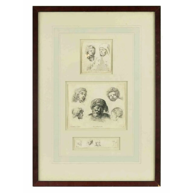 Study of faces is an original old master artwork realized by Stefano Della bella in 17th Century. Black and white etching....
