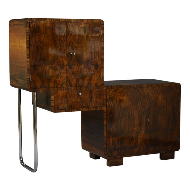 Art Deco Asymmetrical Cabinet in Walnut and Chrome, Poland, 1930s For Sale
