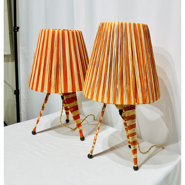 Moroccan Mid 20th CenturyFlame Orange Moroccan Raffia Table Lamps - a Pair For Sale - Image 3 of 6